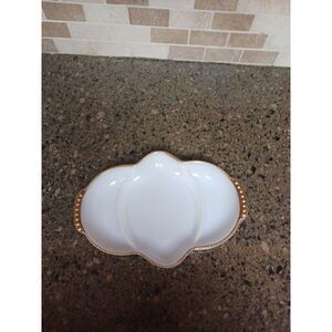 Vintage Fire King Oven Ware Milk Glass White Gold Trim Divided Relish Dish‎ USA